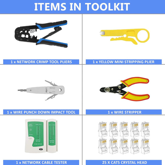FEDUS RJ45 Crimping Tool Kit - Machine for Cat6A, Cat5E, Cat5 25PCS Connector, Network LAN Tester, Cut and Strip Tool, Punch Down Wire Cutter Black COMBO-6
