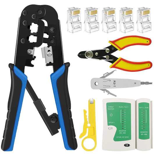 FEDUS RJ45 Crimping Tool Kit - Machine for Cat6A, Cat5E, Cat5 25PCS Connector, Network LAN Tester, Cut and Strip Tool, Punch Down Wire Cutter Black COMBO-6