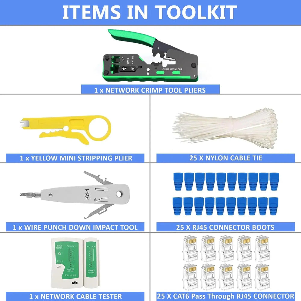 FEDUS RJ45 Crimping Tool Kit, Passthrough Crimping Tool RJ45 for Cat8 Cat7 Cat6A Cat5E Cat5, 25PCS RJ45 Connector & Boot Covers, Network lan Tester, Cut and Strip Tool,25 Cable Ties, KD-1 Punch Down Tool, Green, combo-3 FEDUS