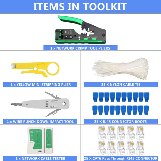 FEDUS RJ45 Crimping Tool Kit, Passthrough Crimping Tool RJ45 for Cat8 Cat7 Cat6A Cat5E Cat5, 25PCS RJ45 Connector & Boot Covers, Network lan Tester, Cut and Strip Tool,25 Cable Ties, KD-1 Punch Down Tool, Green, combo-3