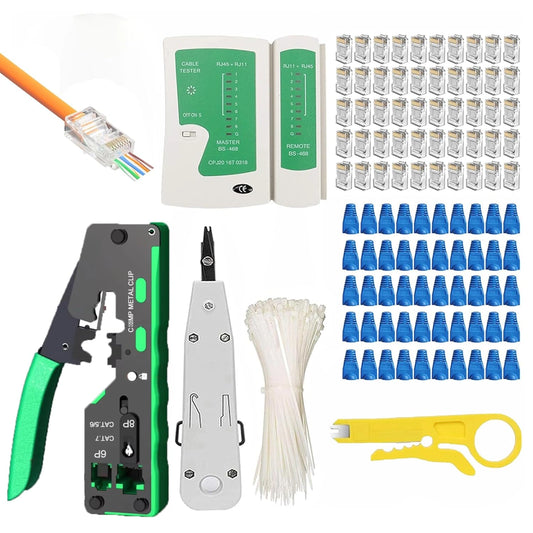 FEDUS RJ45 Crimping Tool Kit, Passthrough Crimping Tool RJ45 for Cat8 Cat7 Cat6A Cat5E Cat5, 25PCS RJ45 Connector & Boot Covers, Network lan Tester, Cut and Strip Tool,25 Cable Ties, KD-1 Punch Down Tool, Green, combo-3