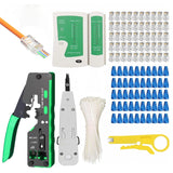 FEDUS RJ45 Crimping Tool Kit, Passthrough Crimping Tool RJ45 for Cat8 Cat7 Cat6A Cat5E Cat5, 25PCS RJ45 Connector & Boot Covers, Network lan Tester, Cut and Strip Tool,25 Cable Ties, KD-1 Punch Down Tool, Green, combo-3