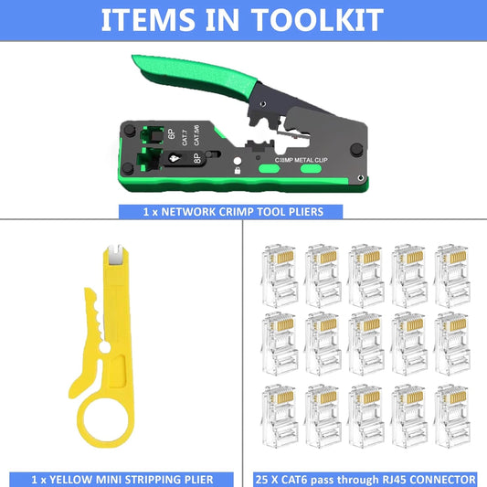 FEDUS RJ45 Crimping Tool Kit, Passthrough Crimping Tool rj45 Crimping machine for Cat8 Cat7 Cat6A Cat6 Cat5E Cat5 RJ45 Ethernet tool kit, 25PCS rj45 Passthrough Connector, Cut and Strip Tool, Green, combo-1