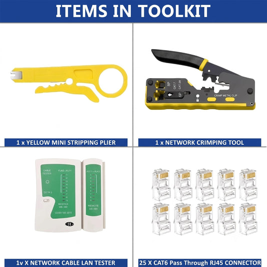 FEDUS RJ45 Crimping Tool Kit, Passthrough Crimping Tool RJ45 for Cat8, Cat7, Cat6A, Cat5E, Cat5 RJ45, 25PCS RJ45 Connector, Network LAN Tester, Cut and Strip Tool, Green, combo-4 FEDUS