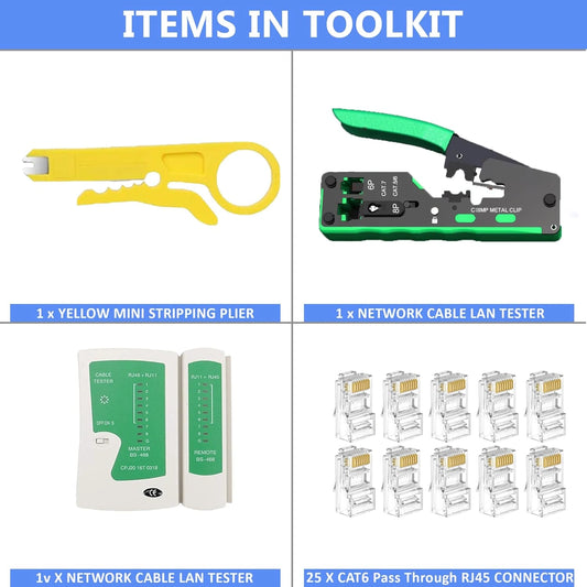 FEDUS RJ45 Crimping Tool Kit, Passthrough Crimping Tool RJ45 for Cat8, Cat7, Cat6A, Cat5E, Cat5 RJ45, 25PCS RJ45 Connector, Network LAN Tester, Cut and Strip Tool, Green, combo-4