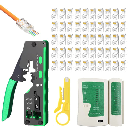FEDUS RJ45 Crimping Tool Kit, Passthrough Crimping Tool RJ45 for Cat8, Cat7, Cat6A, Cat5E, Cat5 RJ45, 25PCS RJ45 Connector, Network LAN Tester, Cut and Strip Tool, Green, combo-4