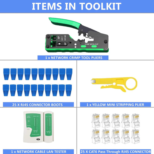 FEDUS RJ45 Crimping Tool Kit, Passthrough Crimping Tool rj45 Crimping machine for Cat8 Cat7 Cat6A Cat6 Cat5E Cat5 Ethernet tool kit, 25PCS Passthrough Connector & Boot Covers, Cut and Strip Tool, Green, combo-2