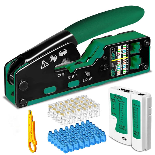 FEDUS RJ45 Crimping Tool Kit, Passthrough Crimping Tool rj45 Crimping machine for Cat8 Cat7 Cat6A Cat6 Cat5E Cat5 Ethernet tool kit, 25PCS Passthrough Connector & Boot Covers, Cut and Strip Tool, Green, combo-2