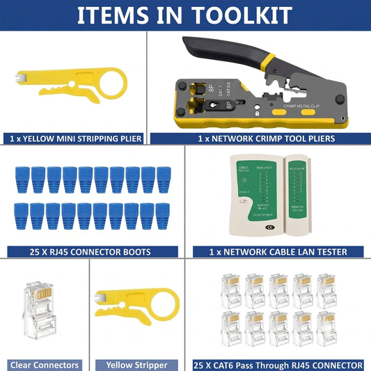 FEDUS RJ45 Crimping Tool Kit, Passthrough Crimping Tool RJ45 for Cat8 Cat7 Cat6A Cat5E Cat5 RJ45, 25PCS RJ45 Connector & Boot Covers, Network LAN Tester, Cut and Strip Tool, Green, combo-5 FEDUS
