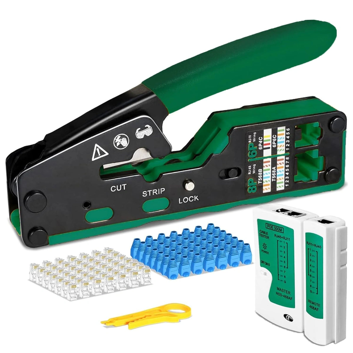 FEDUS RJ45 Crimping Tool Kit, Passthrough Crimping Tool RJ45 for Cat8 Cat7 Cat6A Cat5E Cat5 RJ45, 25PCS RJ45 Connector & Boot Covers, Network LAN Tester, Cut and Strip Tool, Green, combo-5