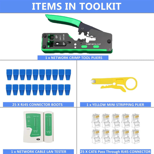 FEDUS RJ45 Crimping Tool Kit, Passthrough Crimping Tool RJ45 for Cat8 Cat7 Cat6A Cat5E Cat5 RJ45, 25PCS RJ45 Connector & Boot Covers, Network LAN Tester, Cut and Strip Tool, Green, combo-5