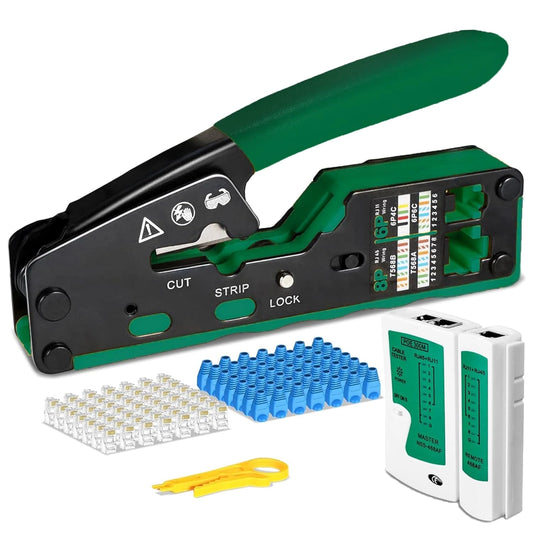 FEDUS RJ45 Crimping Tool Kit, Passthrough Crimping Tool RJ45 for Cat8 Cat7 Cat6A Cat5E Cat5 RJ45, 25PCS RJ45 Connector & Boot Covers, Network LAN Tester, Cut and Strip Tool, Green, combo-5