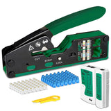 FEDUS RJ45 Crimping Tool Kit, Passthrough Crimping Tool RJ45 for Cat8 Cat7 Cat6A Cat5E Cat5 RJ45, 25PCS RJ45 Connector & Boot Covers, Network LAN Tester, Cut and Strip Tool, Green, combo-5