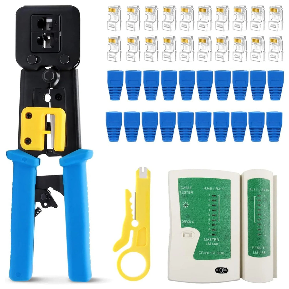 FEDUS RJ45 Crimping Tool Kit, Passthrough Crimping Tool rj45 for Cat6A Cat5E Cat5 RJ45, 25PCS rj45 Connector & Boot Covers, Network lan Tester, Cut and Strip Tool Blue COMBO-5