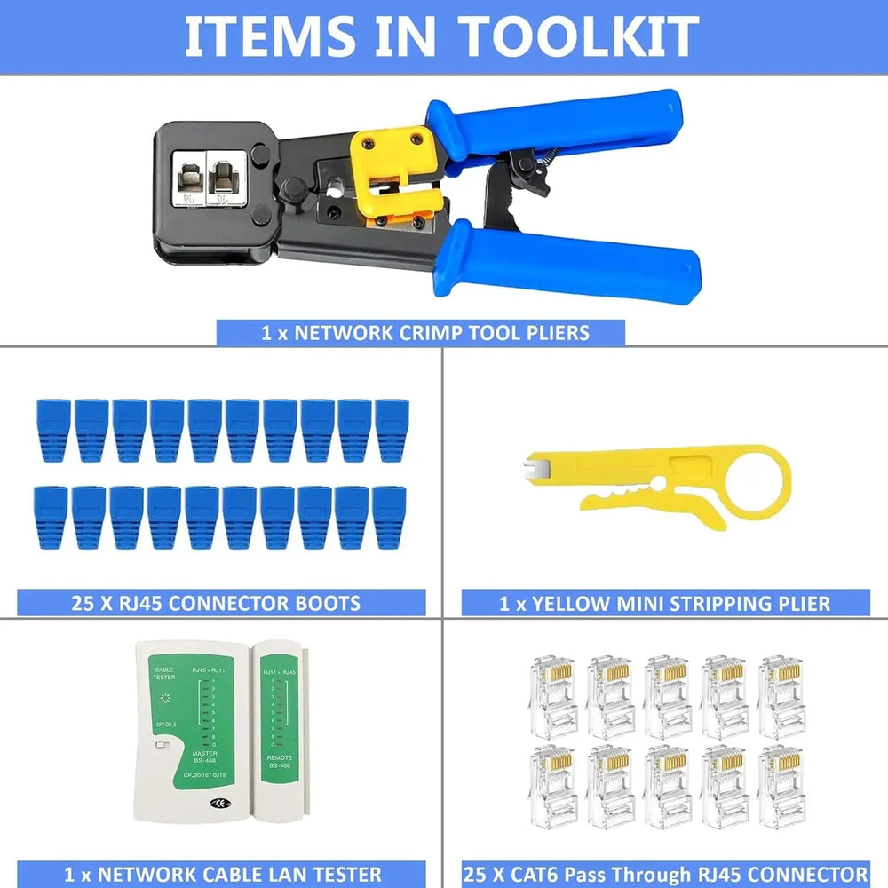 FEDUS RJ45 Crimping Tool Kit, Passthrough Crimping Tool rj45 for Cat6A Cat5E Cat5 RJ45, 25PCS rj45 Connector & Boot Covers, Network lan Tester, Cut and Strip Tool Blue COMBO-5 FEDUS