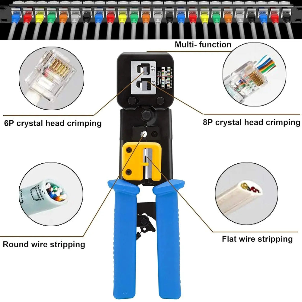FEDUS RJ45 Crimping Tool Kit, Passthrough Crimping Tool rj45 Crimping machine for Cat6A Cat6 Cat5E Cat5 RJ45 Ethernet tool kit, 25PCS rj45 Passthrough Connector, Cut and Strip Tool Blue COMBO-1 FEDUS