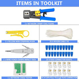 FEDUS RJ45 Crimping Tool Kit, Passthrough Crimping Tool rj45 for Cat6A Cat5e Cat5 RJ45, 25PCS rj45 Connector & Boot Covers, Network lan Tester, Cut and Strip Tool, 25 Cable Ties & KD-1 Punch Down Tool Blue COMBO-3