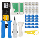 FEDUS RJ45 Crimping Tool Kit, Passthrough Crimping Tool rj45 for Cat6A Cat5e Cat5 RJ45, 25PCS rj45 Connector & Boot Covers, Network lan Tester, Cut and Strip Tool, 25 Cable Ties & KD-1 Punch Down Tool Blue COMBO-3