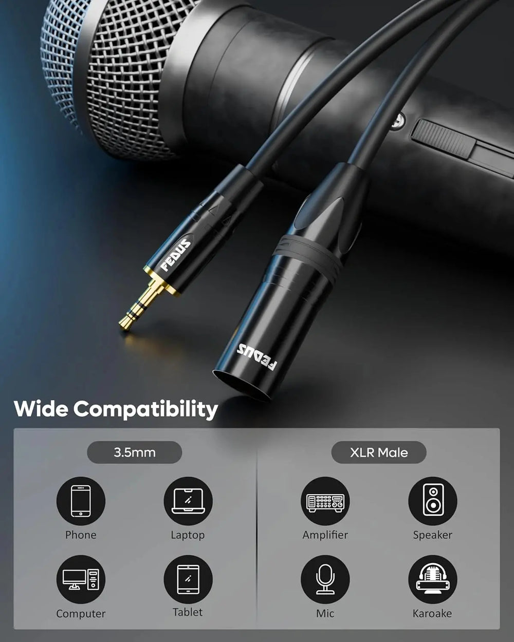 FEDUS StagePro 3.5mm to XLR Balanced Cable Adapter, Professional Low Noise Gold-Plated 1/8 inch Aux to XLR Male Audio Cord Wire for Cell Phone, Laptop, Speaker, Mixer, iPhone, iPod, Tablet FEDUS