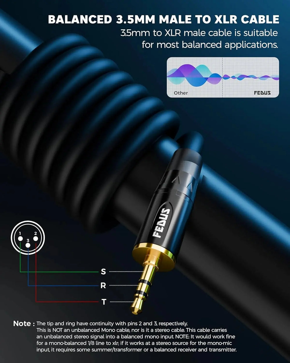 FEDUS StagePro 3.5mm to XLR Balanced Cable Adapter, Professional Low Noise Gold-Plated 1/8 inch Aux to XLR Male Audio Cord Wire for Cell Phone, Laptop, Speaker, Mixer, iPhone, iPod, Tablet FEDUS