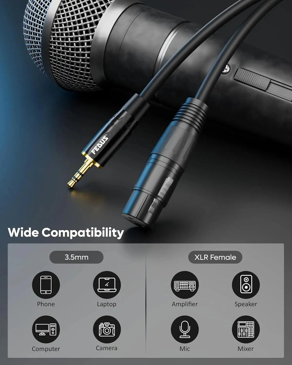 FEDUS StagePro 3.5mm to XLR Balanced Microphone Cable Adapter, Professional Low Noise Gold-Plated 1/8 inch Aux to XLR Female Audio Cord Wire for Phone, Tablet, Laptop, Speaker, Mixer, iPhone FEDUS