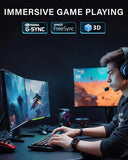 Person playing a game with multiple monitors and gaming equipment, featuring NVIDIA G-SYNC and AMD FreeSync logos.