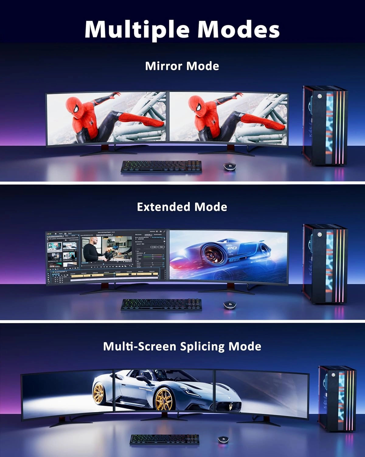 Three modes of a multi-monitor setup with Spider-Man, video editing software, and car images displayed.