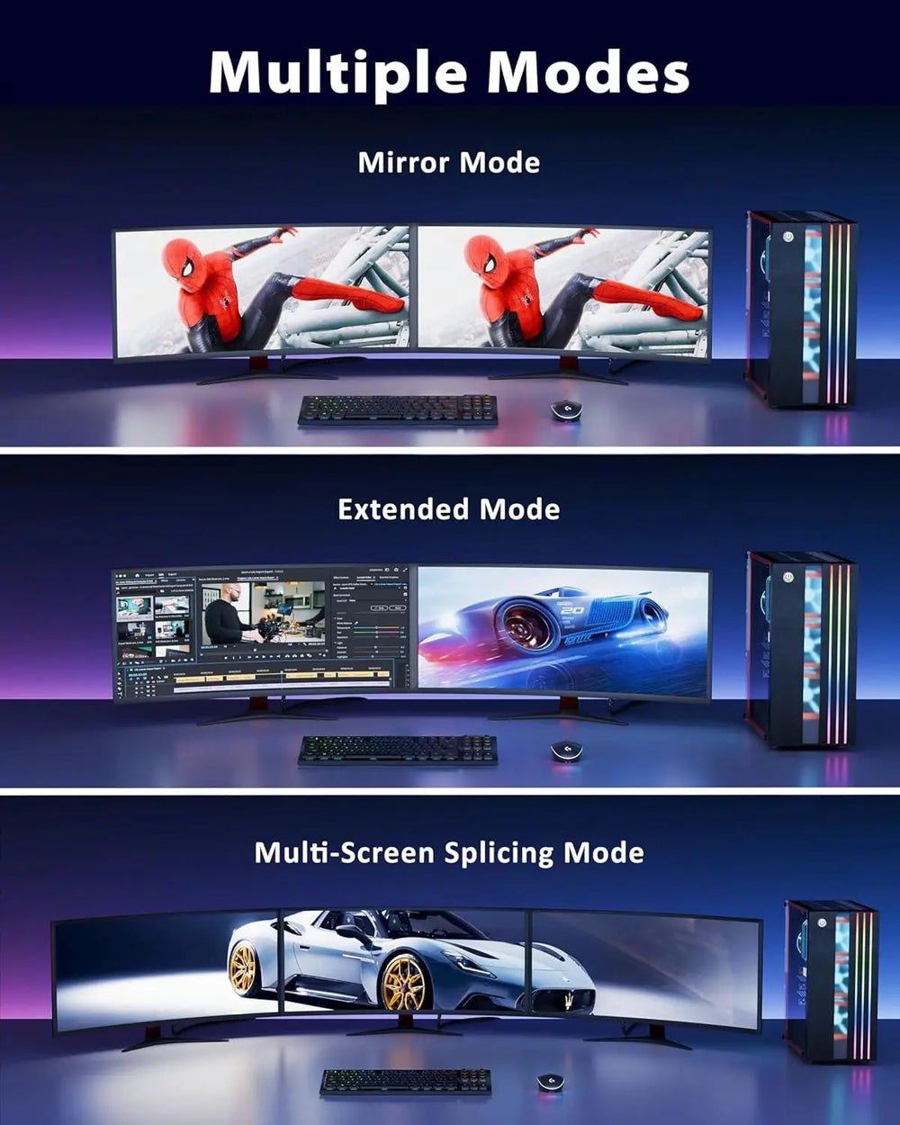 Three modes of a multi-monitor setup with Spider-Man, video editing software, and car images displayed.