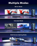 Three modes of a multi-monitor setup with Spider-Man, video editing software, and car images displayed.