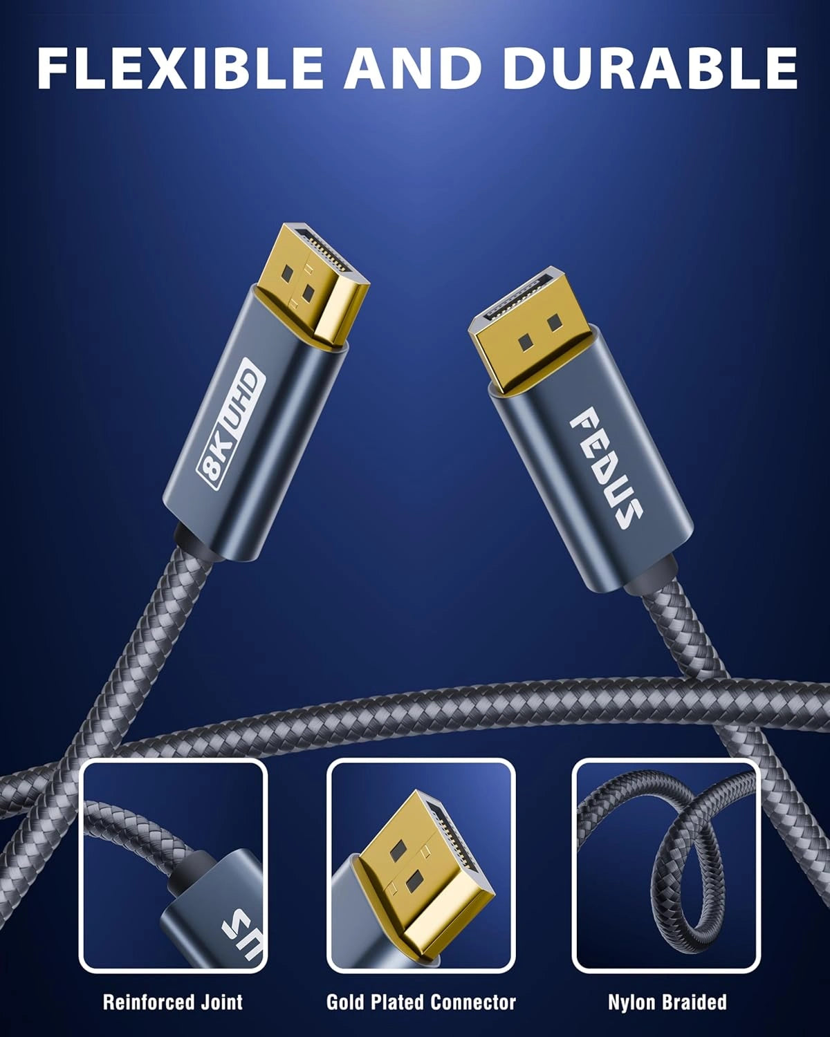 Two HDMI cables with 'FEDUS' branding on a blue background, highlighting flexibility and durability.