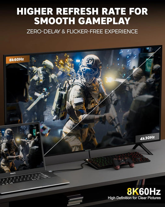 Gaming setup with a monitor and laptop displaying a high refresh rate game scene.