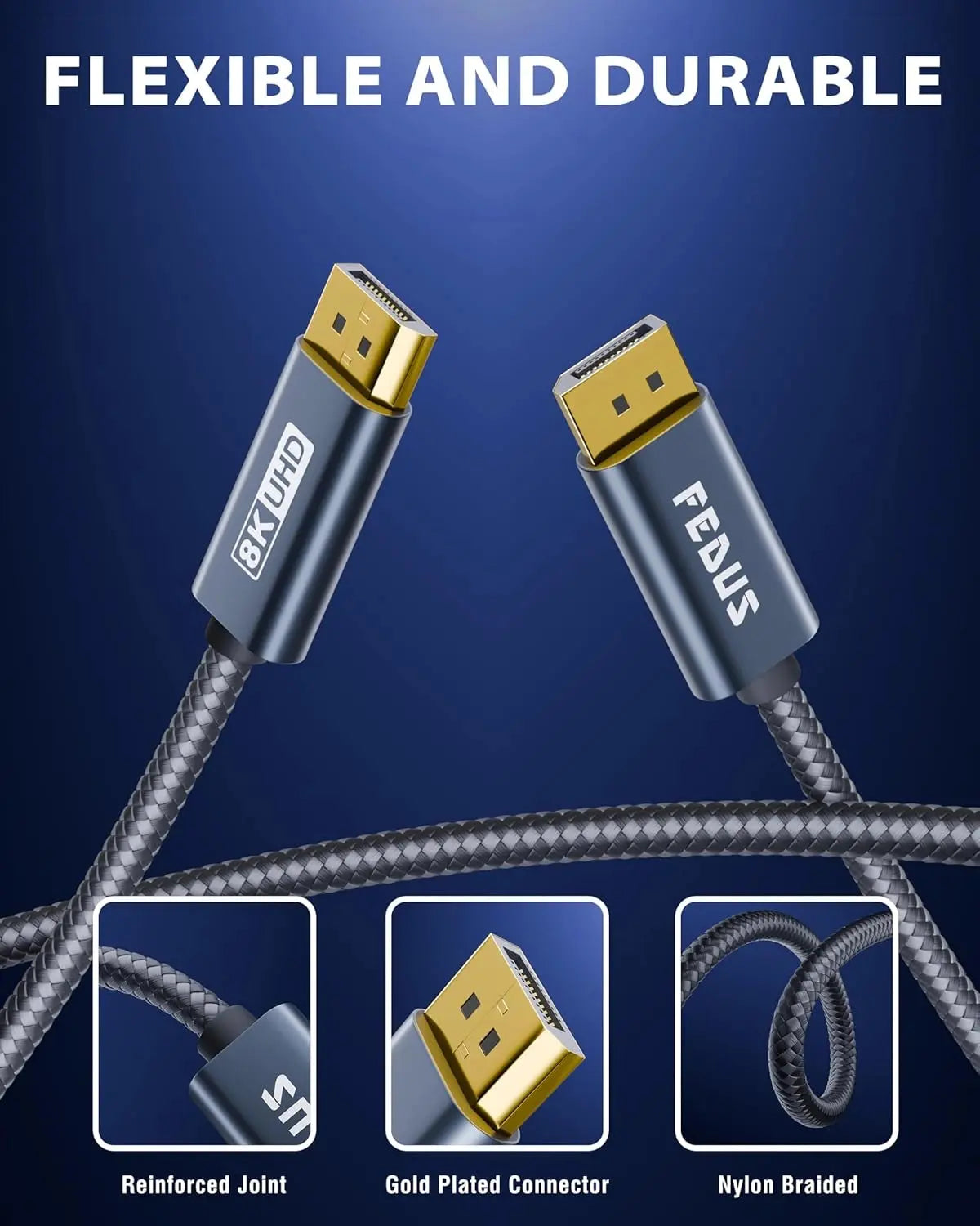 Two HDMI cables with 'FEDUS' branding on a blue background, highlighting flexibility and durability.
