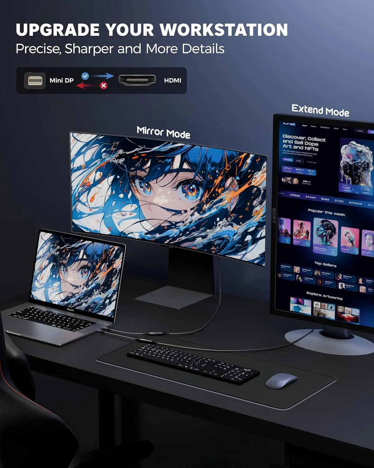 Computer setup with multiple monitors displaying anime-themed wallpaper on a dark desk.