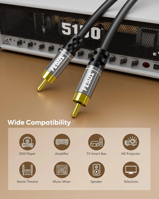 FEDUS Subwoofer Cable, 24K Gold-Plated Oxygen-Free Copper Double Shielded RCA To RCA Audio Cable, Cable for Home Theatre, Subwoofer, Power Amplifier, AVR, Hi-Fi Systems, Sound Bar, Car Audio