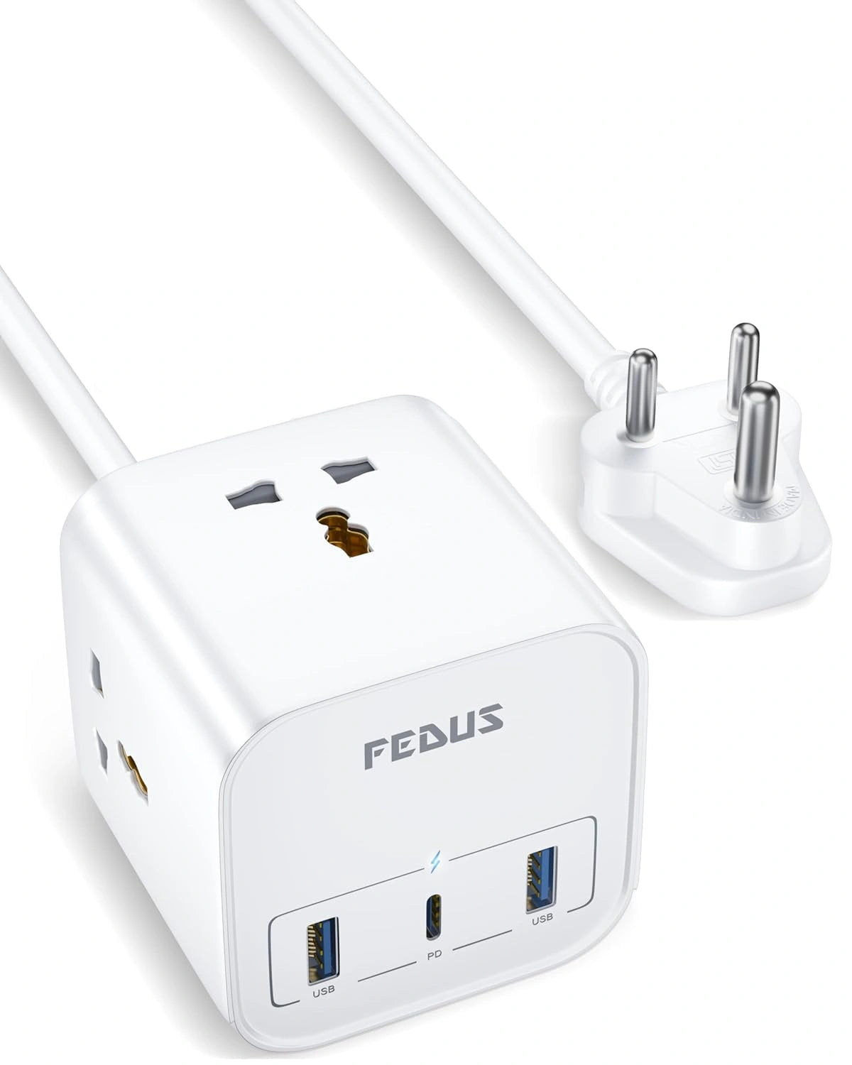 FEDUS Surge Protector, 3 Way Cube Shape Universal Sockets with USB Port Type A & C, 9.8 Ft Long Cable, Extension Board Cord, Automatic Overload Protection, Fireproof Power Strip Switch board, Spike Guard