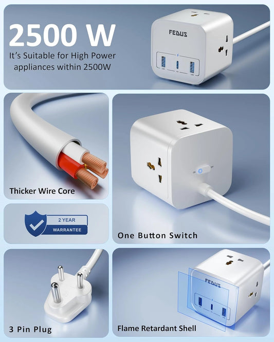 FEDUS Surge Protector, 3 Way Cube Shape Universal Sockets with USB Port Type A & C, 9.8 Ft Long Cable, Extension Board Cord, Automatic Overload Protection, Fireproof Power Strip Switch board, Spike Guard