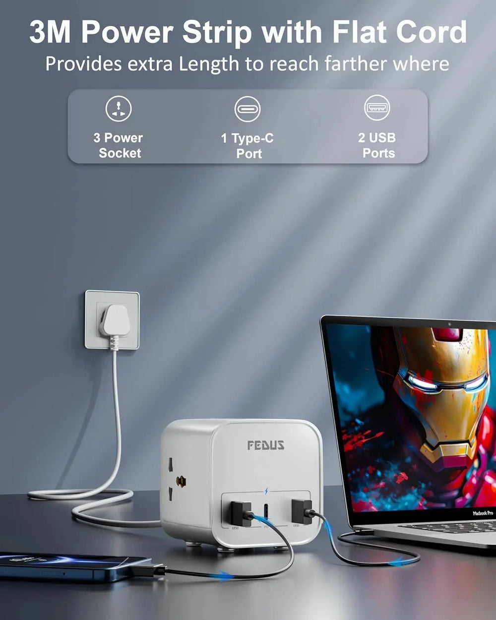 FEDUS 3M Surge Protector, 3 Way Cube Shape Universal Sockets with USB Port Type A & C, 9.8 Ft Long Cable, Extension Board Cord, Automatic Overload Protection, Fireproof Power Strip Switch board, Spike Guard FEDUS