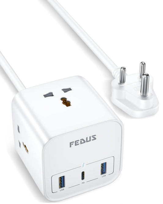 FEDUS Surge Protector, 3 Way Cube Shape Universal Sockets with USB Port Type A & C, 9.8 Ft Long Cable, Extension Board Cord, Automatic Overload Protection, Fireproof Power Strip Switch board, Spike Guard