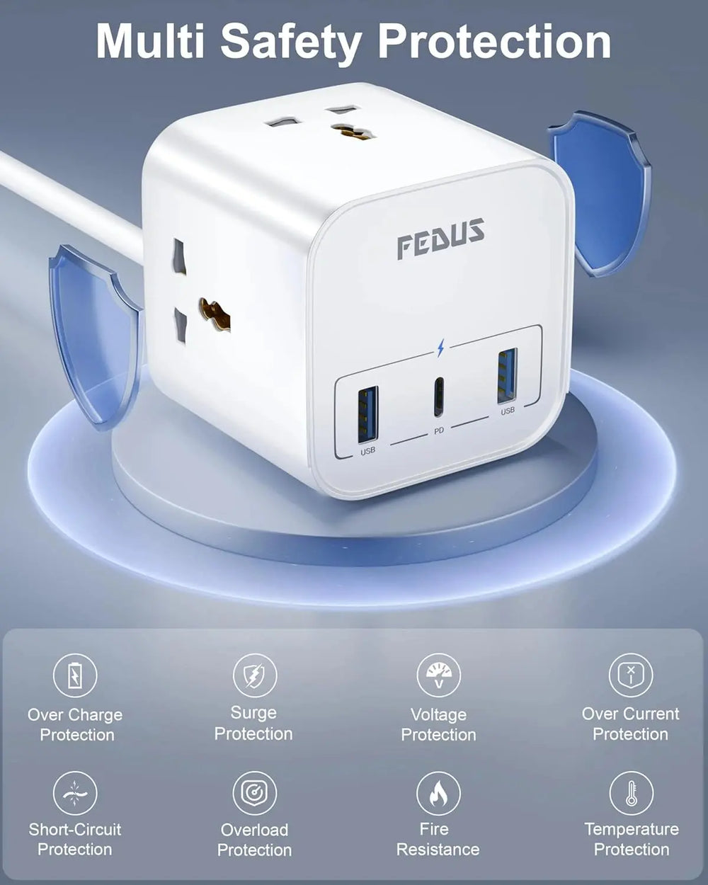 FEDUS 3M Surge Protector, 3 Way Cube Shape Universal Sockets with USB Port Type A & C, 9.8 Ft Long Cable, Extension Board Cord, Automatic Overload Protection, Fireproof Power Strip Switch board, Spike Guard FEDUS