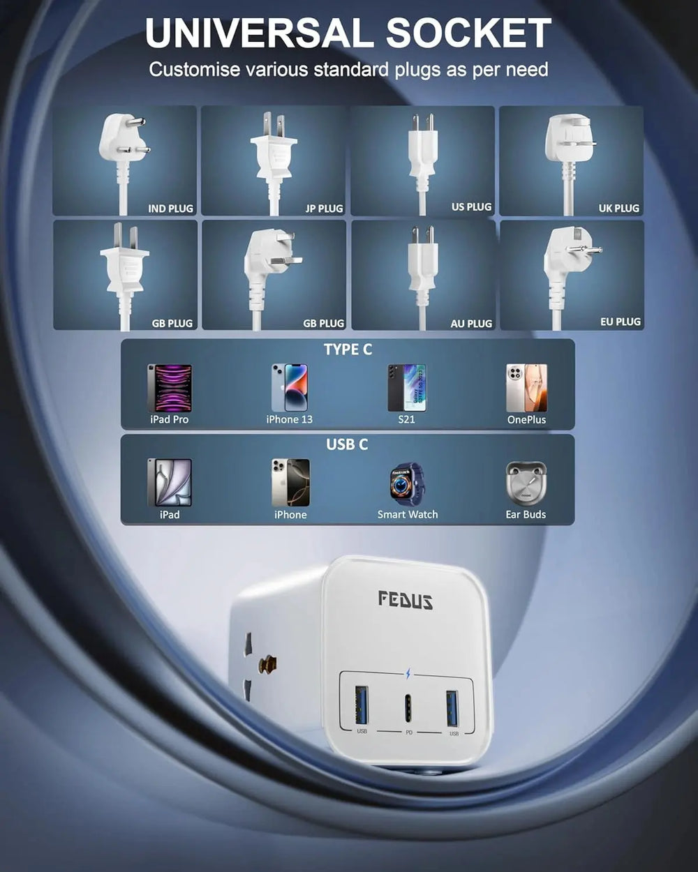 FEDUS 3M Surge Protector, 3 Way Cube Shape Universal Sockets with USB Port Type A & C, 9.8 Ft Long Cable, Extension Board Cord, Automatic Overload Protection, Fireproof Power Strip Switch board, Spike Guard FEDUS