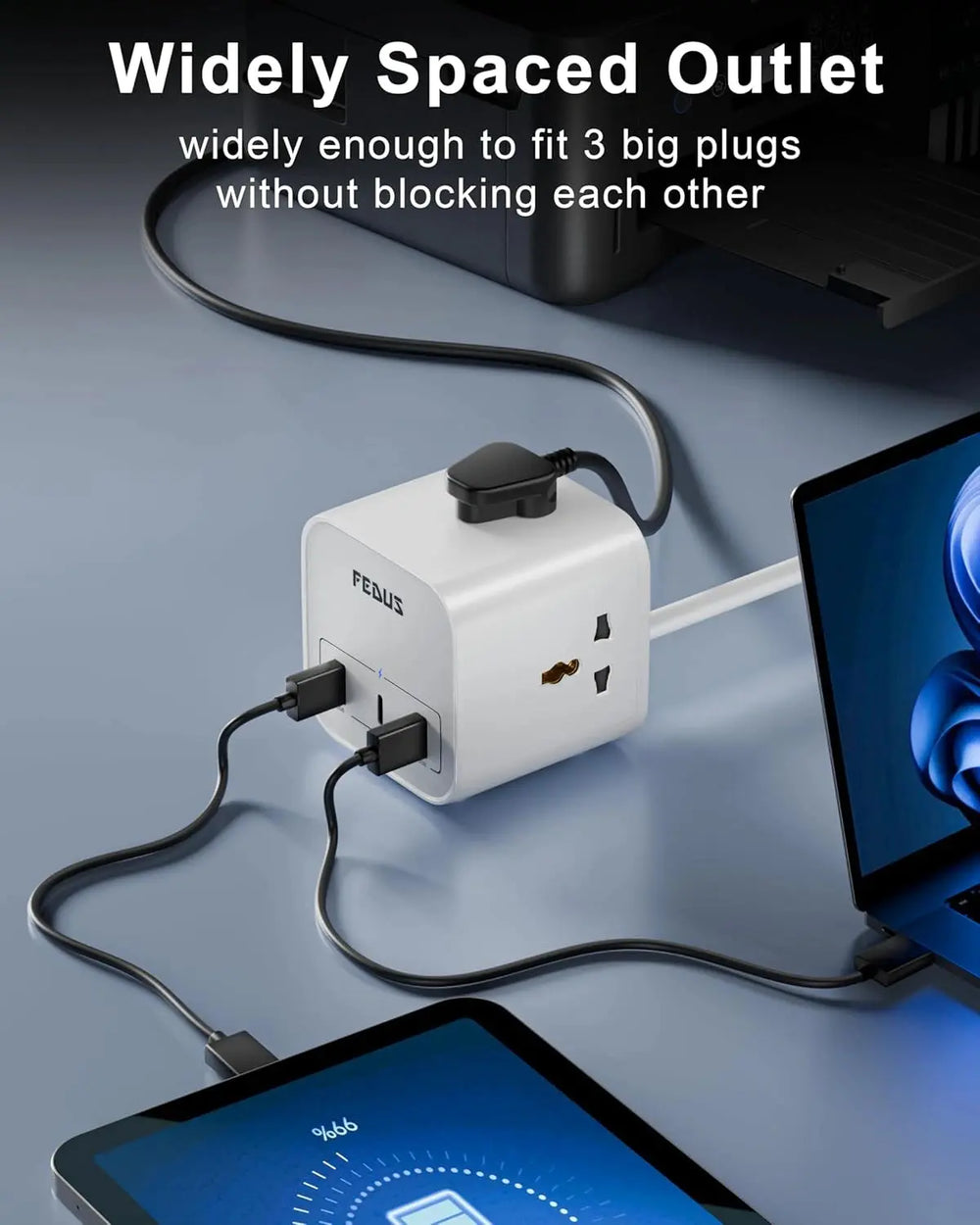 FEDUS 3M Surge Protector, 3 Way Cube Shape Universal Sockets with USB Port Type A & C, 9.8 Ft Long Cable, Extension Board Cord, Automatic Overload Protection, Fireproof Power Strip Switch board, Spike Guard FEDUS