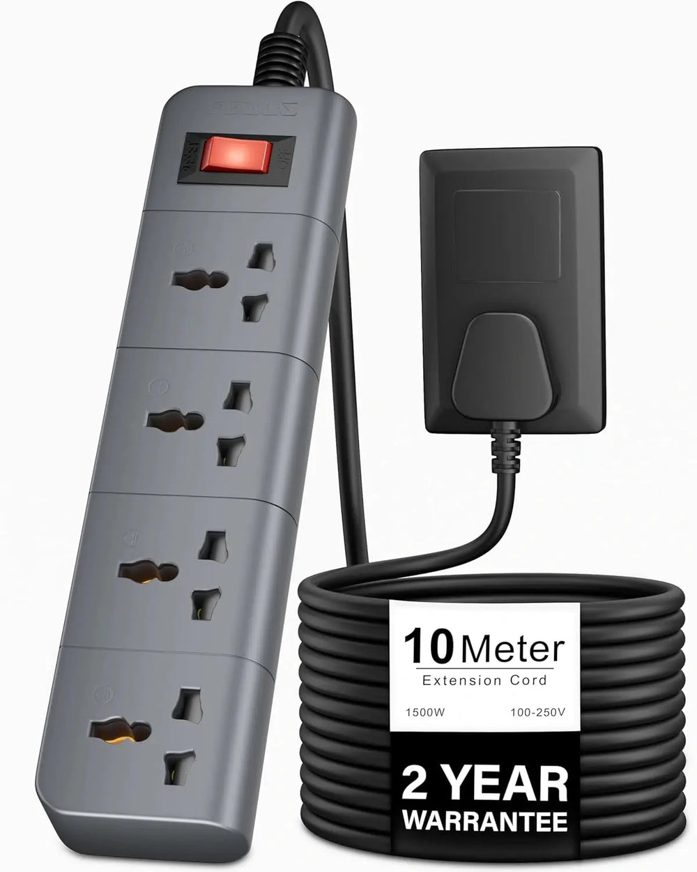 FEDUS Surge Protector, 4 Universal Sockets with Individual Switch, Long Cable, Extension Board Cord, Automatic Overload Protection, Fireproof Power Strip Switch Board, Spike Guard, Grey FEDUS