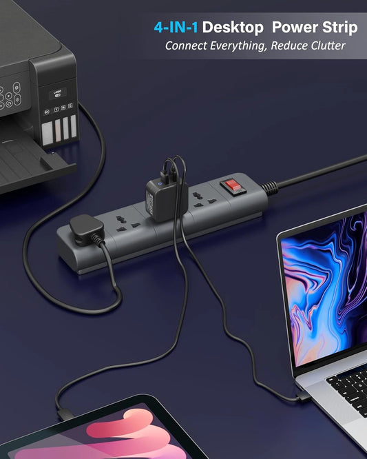 FEDUS Surge Protector, 4 Universal Sockets with Individual Switch, Long Cable, Extension Board Cord, Automatic Overload Protection, Fireproof Power Strip Switch Board, Spike Guard, Grey