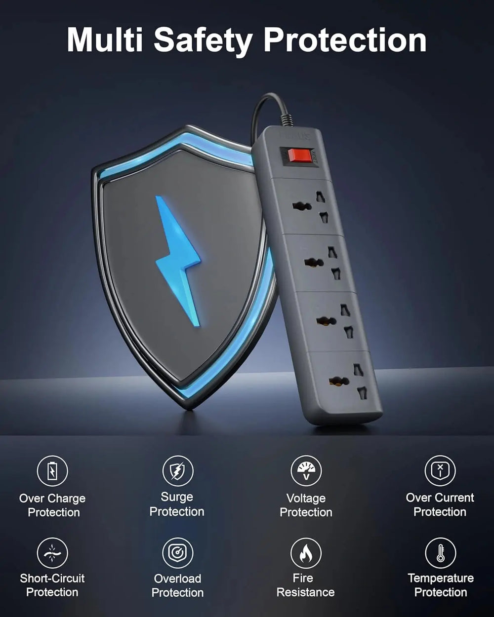 FEDUS Surge Protector, 4 Universal Sockets with Individual Switch, Long Cable, Extension Board Cord, Automatic Overload Protection, Fireproof Power Strip Switch Board, Spike Guard, Grey FEDUS