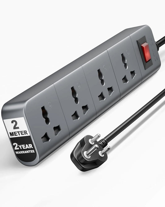 FEDUS Surge Protector, 4 Universal Sockets with Individual Switch, Long Cable, Extension Board Cord, Automatic Overload Protection, Fireproof Power Strip Switch Board, Spike Guard, Grey