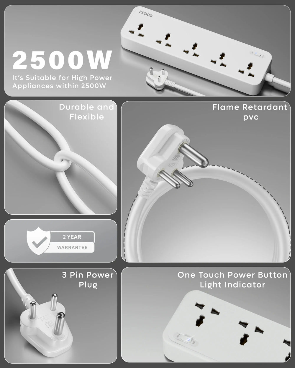 FEDUS Surge Protector, 5 Universal Sockets with Individual Switch, Extension Board Cord, Automatic Overload Protection, Fireproof Power Strip Switch Board, Spike Guard FEDUS