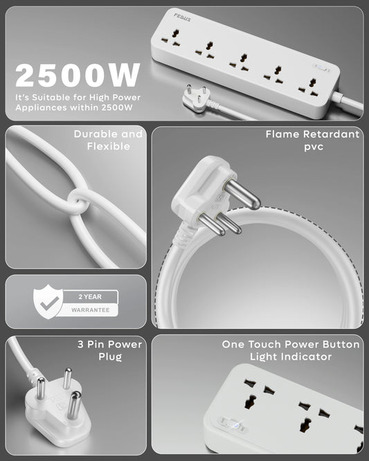 FEDUS Surge Protector, 5 Universal Sockets with Individual Switch, Extension Board Cord, Automatic Overload Protection, Fireproof Power Strip Switch Board, Spike Guard