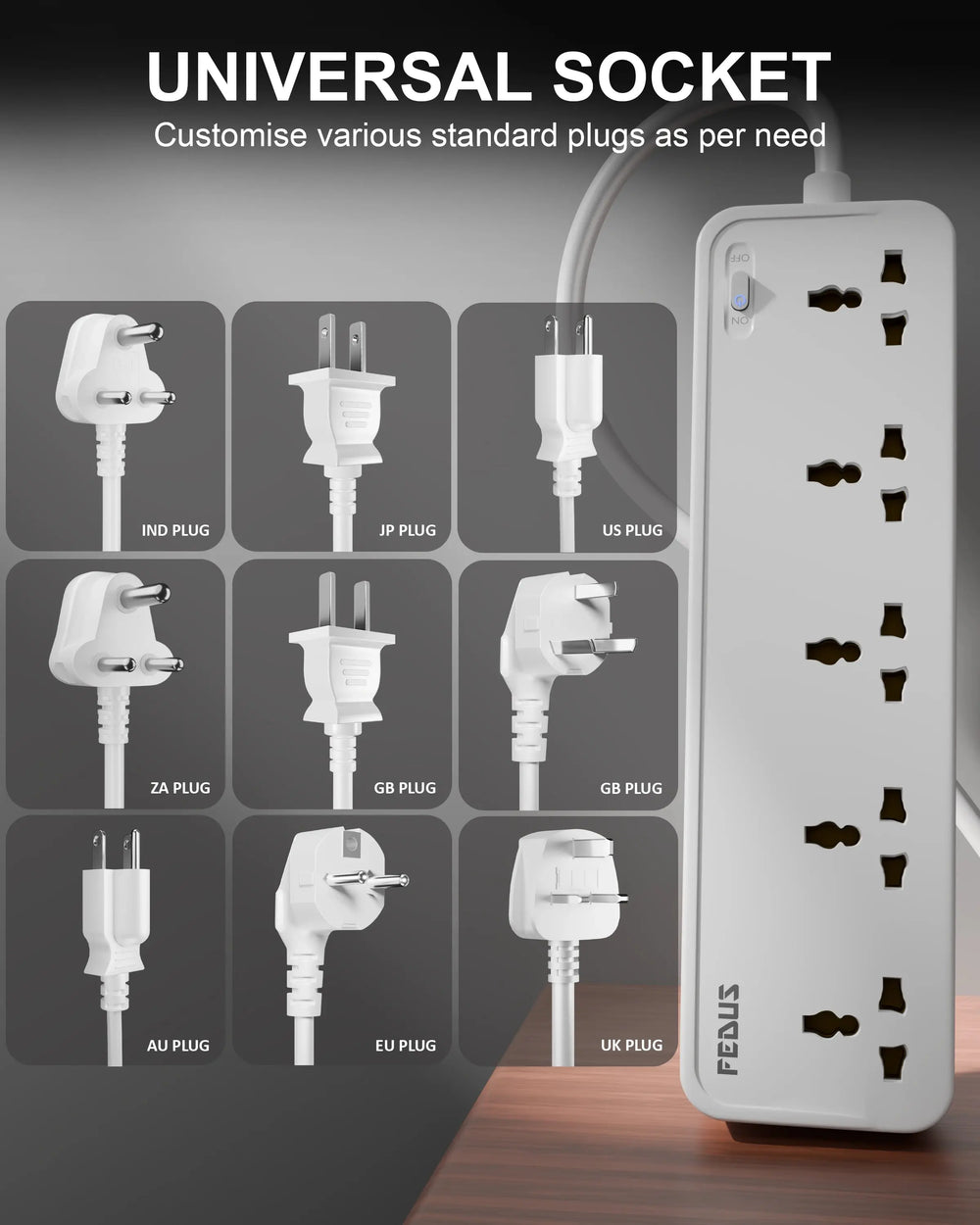 FEDUS Surge Protector, 5 Universal Sockets with Individual Switch, Extension Board Cord, Automatic Overload Protection, Fireproof Power Strip Switch Board, Spike Guard FEDUS