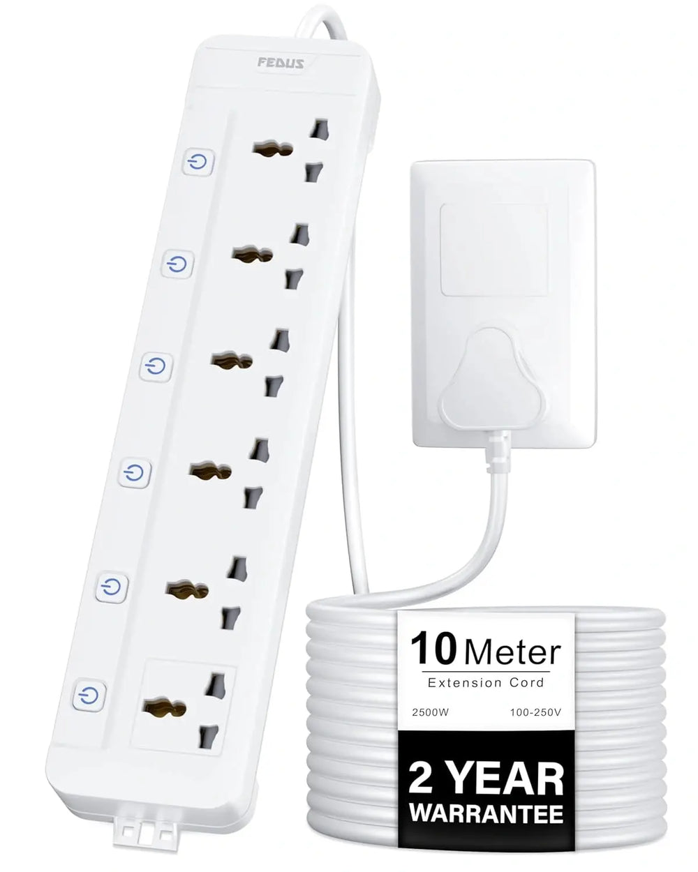 FEDUS Surge Protector, 6 Universal Sockets with Individual Switch, Long Cable, Extension Board Cord, Automatic Overload Protection, Fireproof Power Strip Switch Board, Spike Guard FEDUS