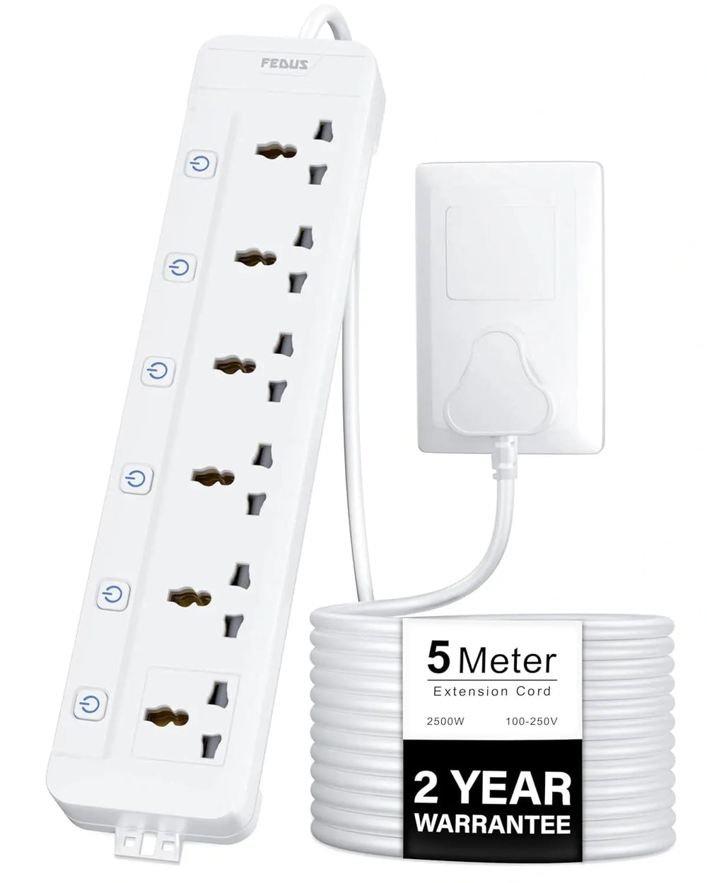 FEDUS Surge Protector, 6 Universal Sockets with Individual Switch, Long Cable, Extension Board Cord, Automatic Overload Protection, Fireproof Power Strip Switch Board, Spike Guard FEDUS